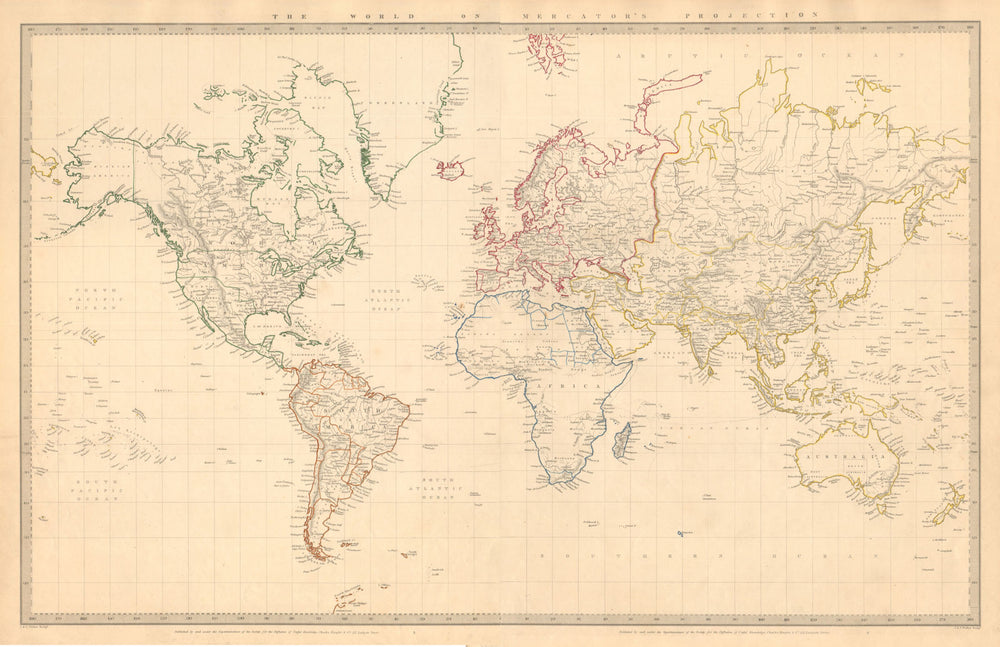 WORLD ON MERCATOR'S PROJECTION. PreMexican-American War. SDUK 1845 old map