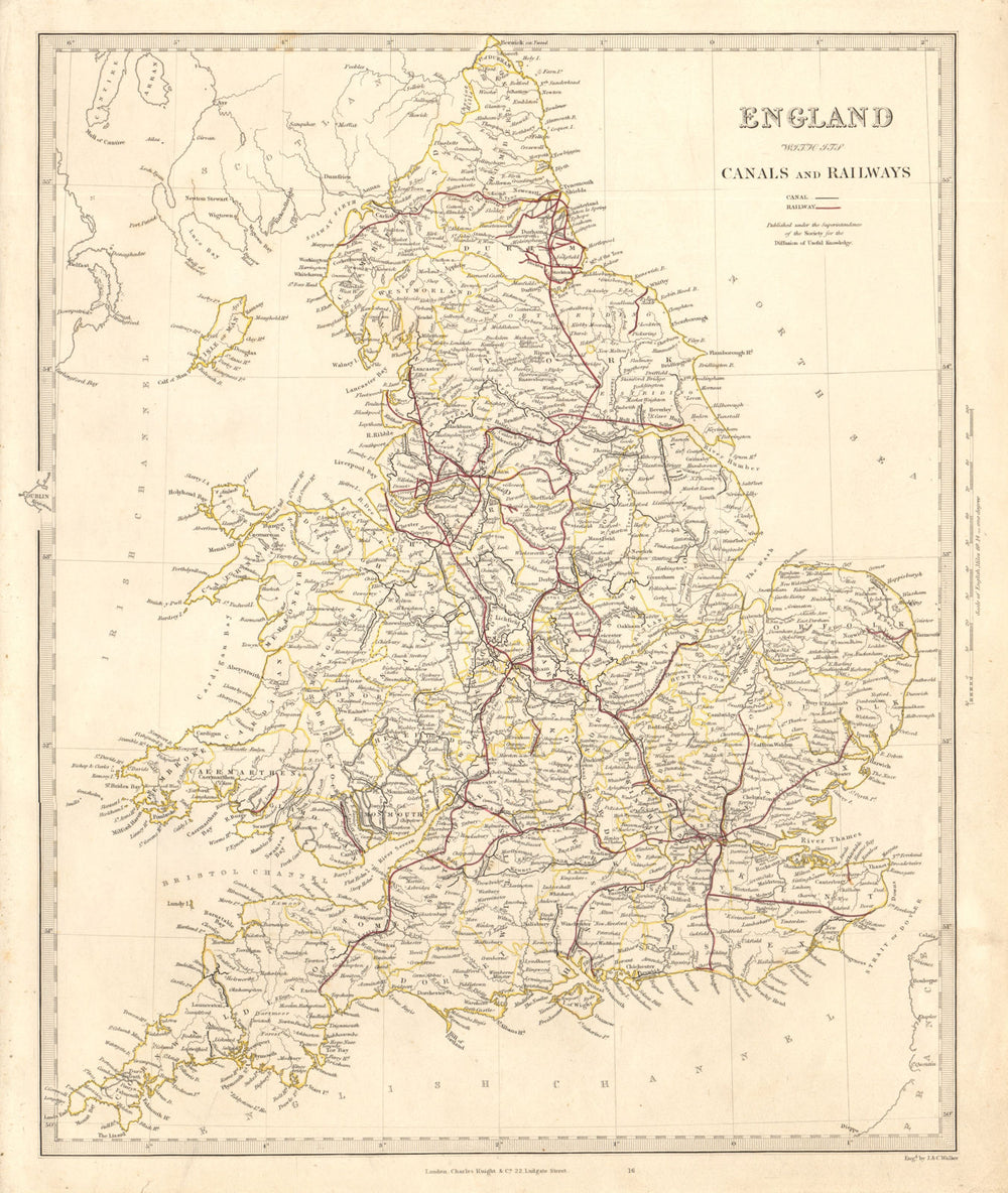 ENGLAND AND WALES. Canals and Railways. SDUK 1845 old antique map plan chart