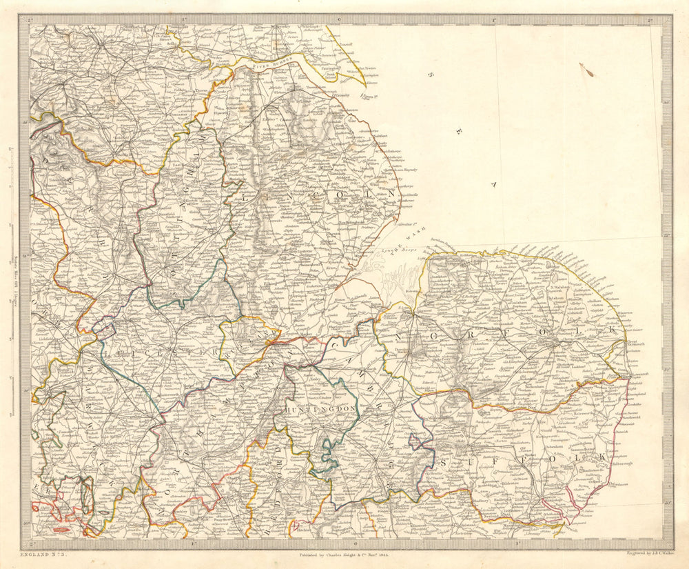 ENGLAND EAST. Norfolk Suffolk Cambs Lincs Leics Derbys Notts. SDUK 1845 map