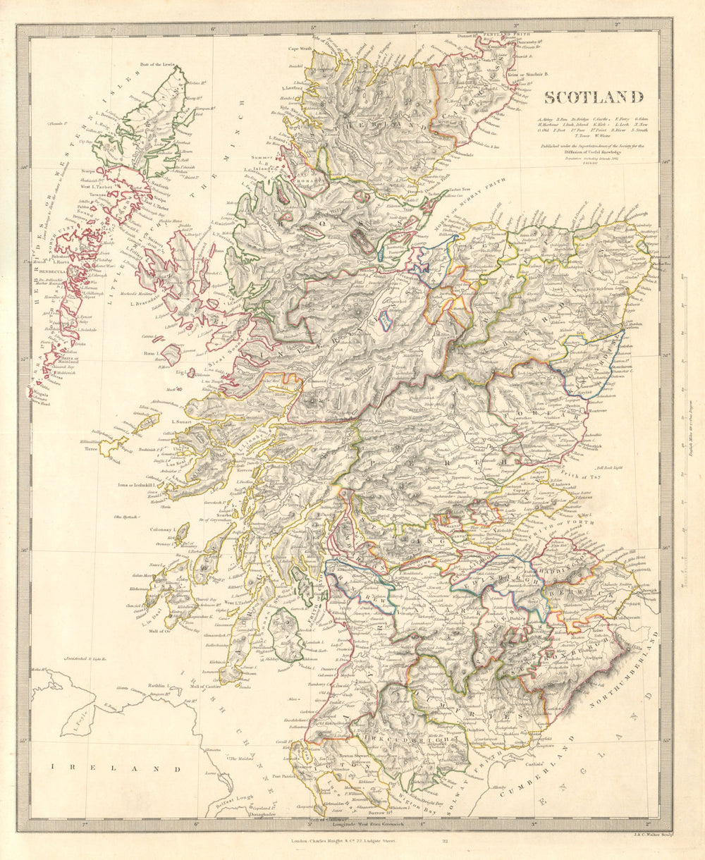 SCOTLAND. General map showing castles & kirks. Railways. SDUK 1845 old