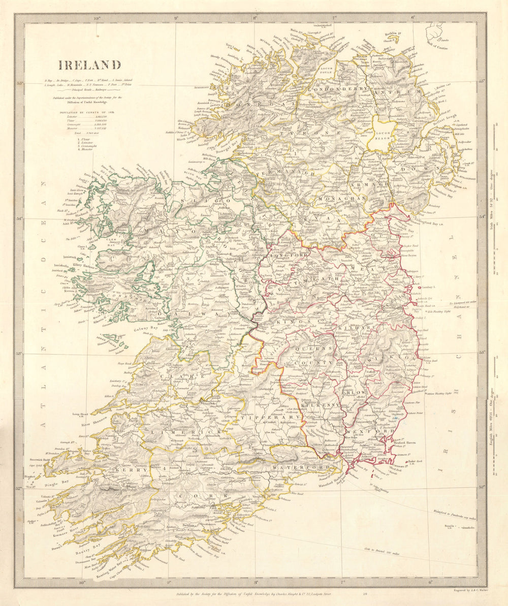 IRELAND. Showing roads, railways, canals and provinces. SDUK 1845 old map