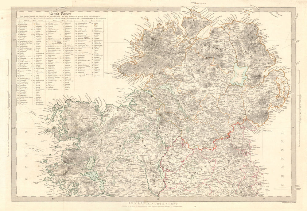 IRELAND North Sheet. List of round towers Cloigtheach Cloigthithe. SDUK 1845 map