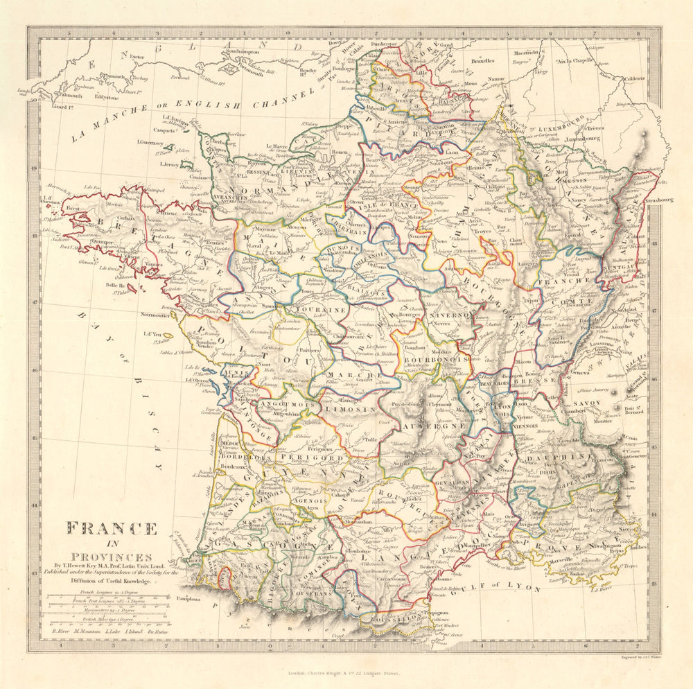 FRANCE IN PROVINCES. Shows provinces <1790. Original hand colour. SDUK 1845 map