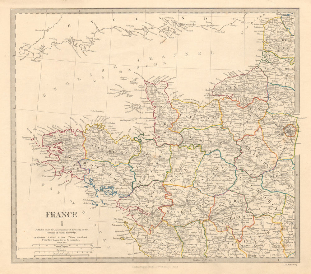 FRANCE NORTH WEST. Bretagne Normandie Loire Centre. Hand coloured. SDUK 1845 map