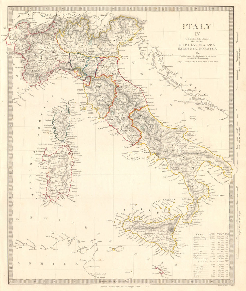 ITALY general map. Sicily Sardinia Corsica. Includes Savoie & Nice. SDUK 1845