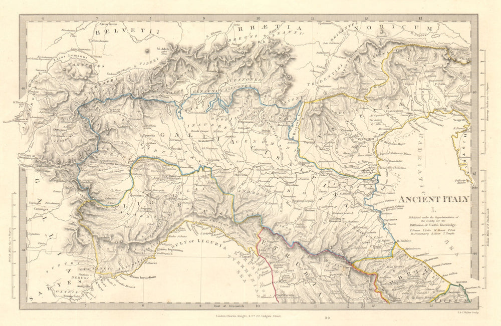 ANCIENT ROMAN ITALY NORTH. Liguria Venetia Gallia Cisalpina. Roads.SDUK 1845 map