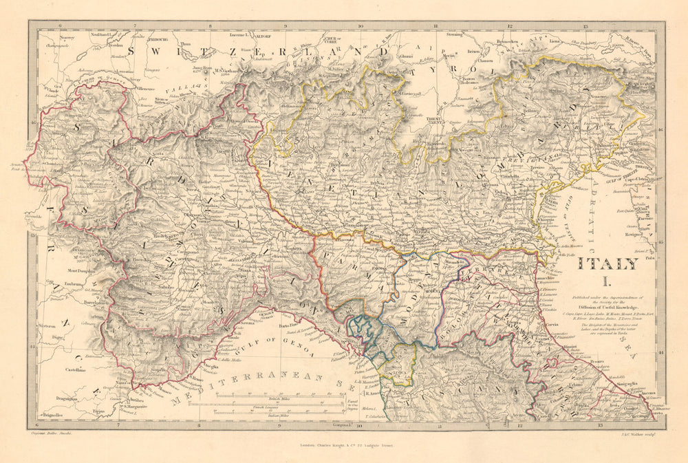 ITALY Sardinian States Venetian Lombardy Parma Modena Bolognese. SDUK 1845 map