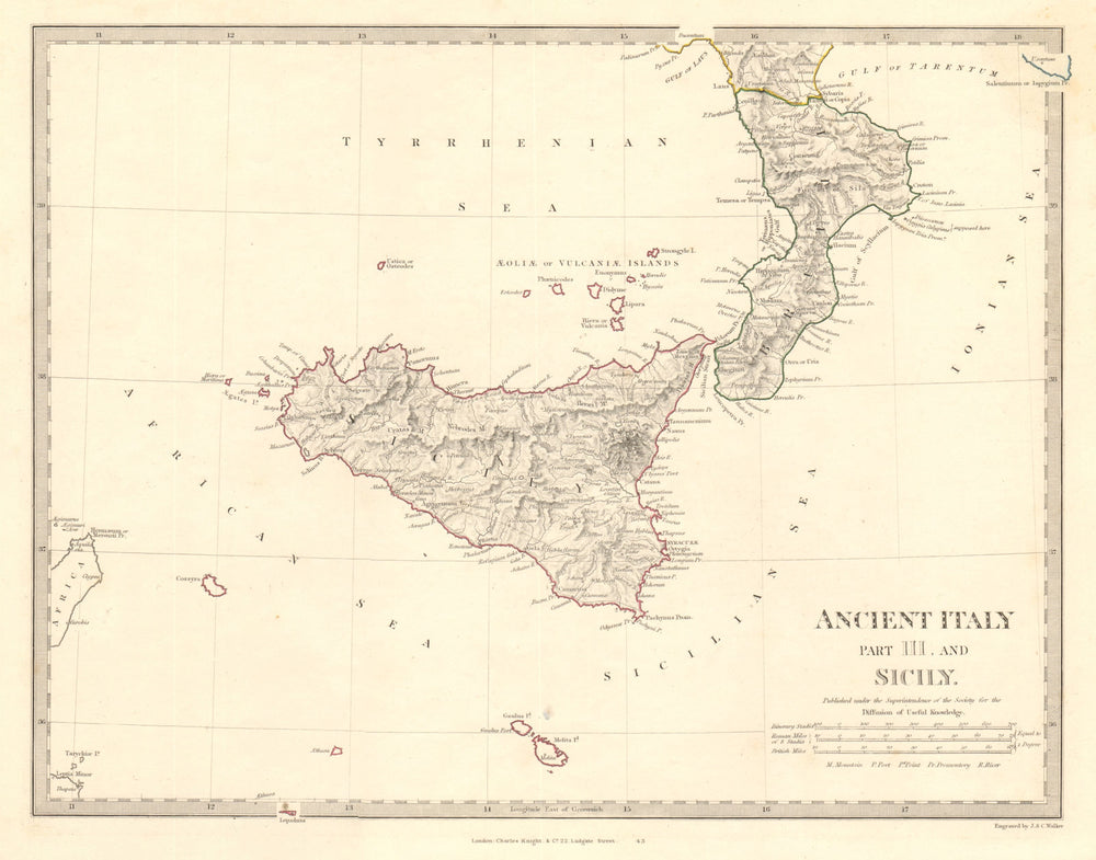 ANCIENT ITALY SOUTH. Sicily Brutii Melita Malta. Original colour. SDUK 1845 map