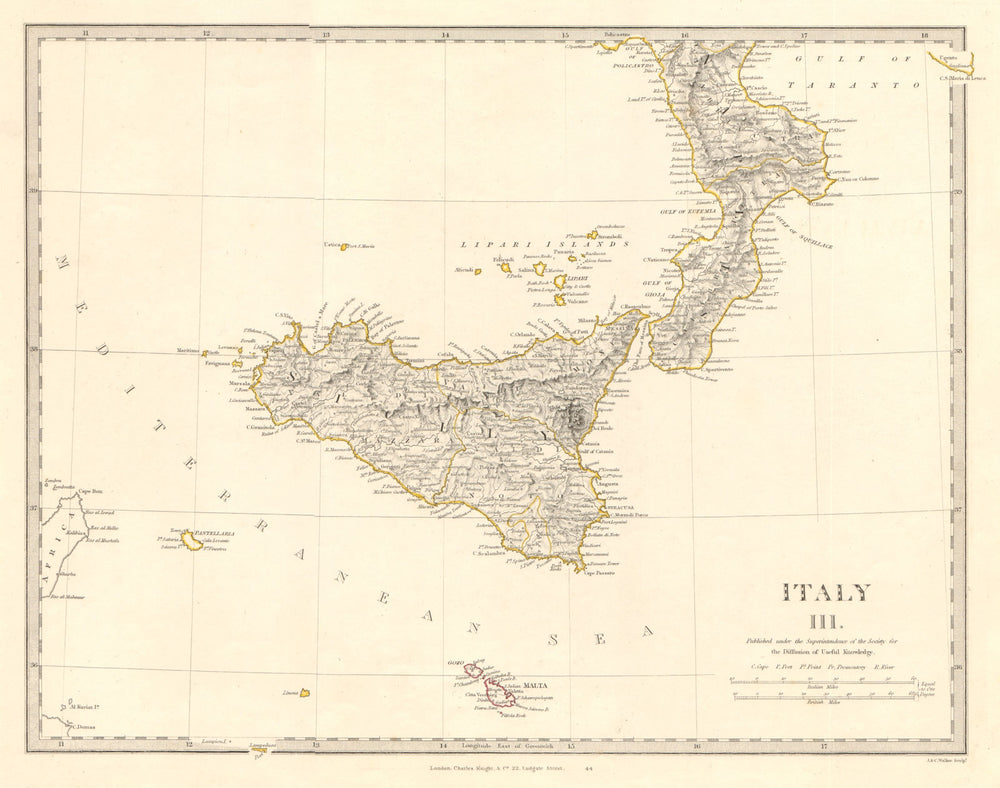 SICILY & CALABRIA. Sicily Malta Gozo. Original outline colour. SDUK 1845 map