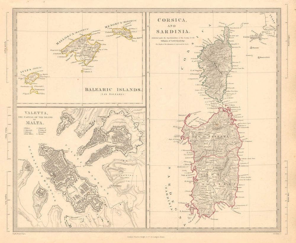 MEDITERRANEAN Corsica Sardinia Balearics Baleares Valletta Malta. SDUK 1845 map