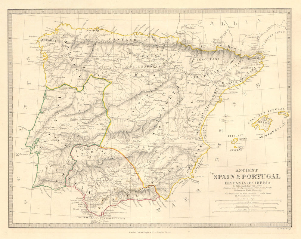 HISPANIA IBERIA. Ancient Spain & Portugal. Roman names & roads. SDUK 1845 map