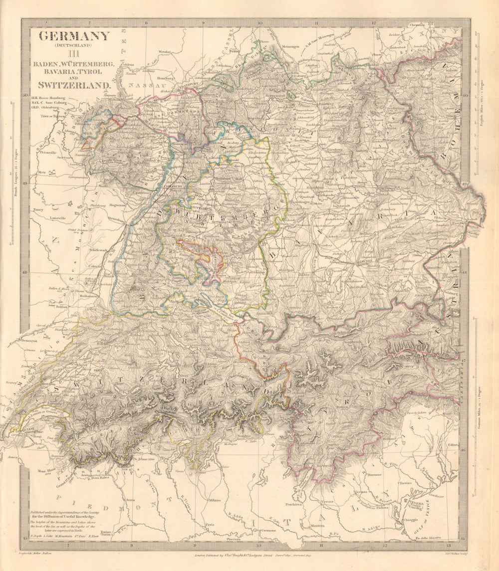 S GERMANY SWITZERLAND AUSTRIA. Baden Württemberg Bavaria Tyrol. SDUK 1845 map
