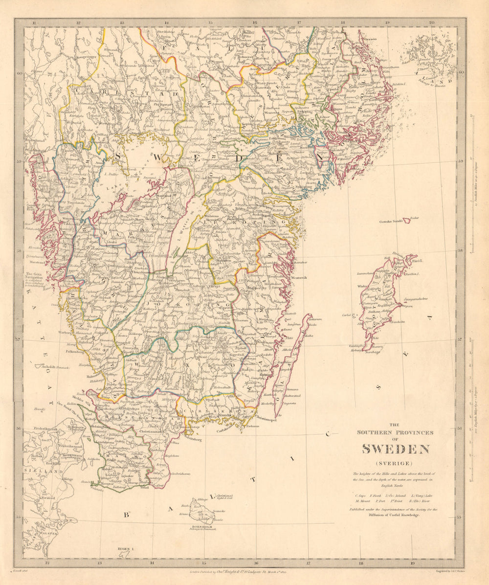 SWEDEN. the Southern Provinces of Sweden (Sverige) . SDUK 1845 old antique map