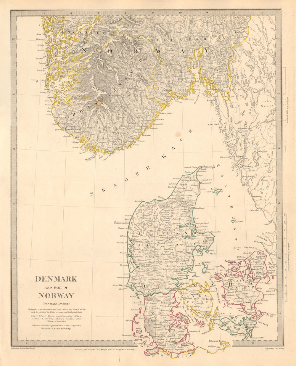 SCANDINAVIA. Denmark and Southern Norway (Norge) . SDUK 1845 old antique map