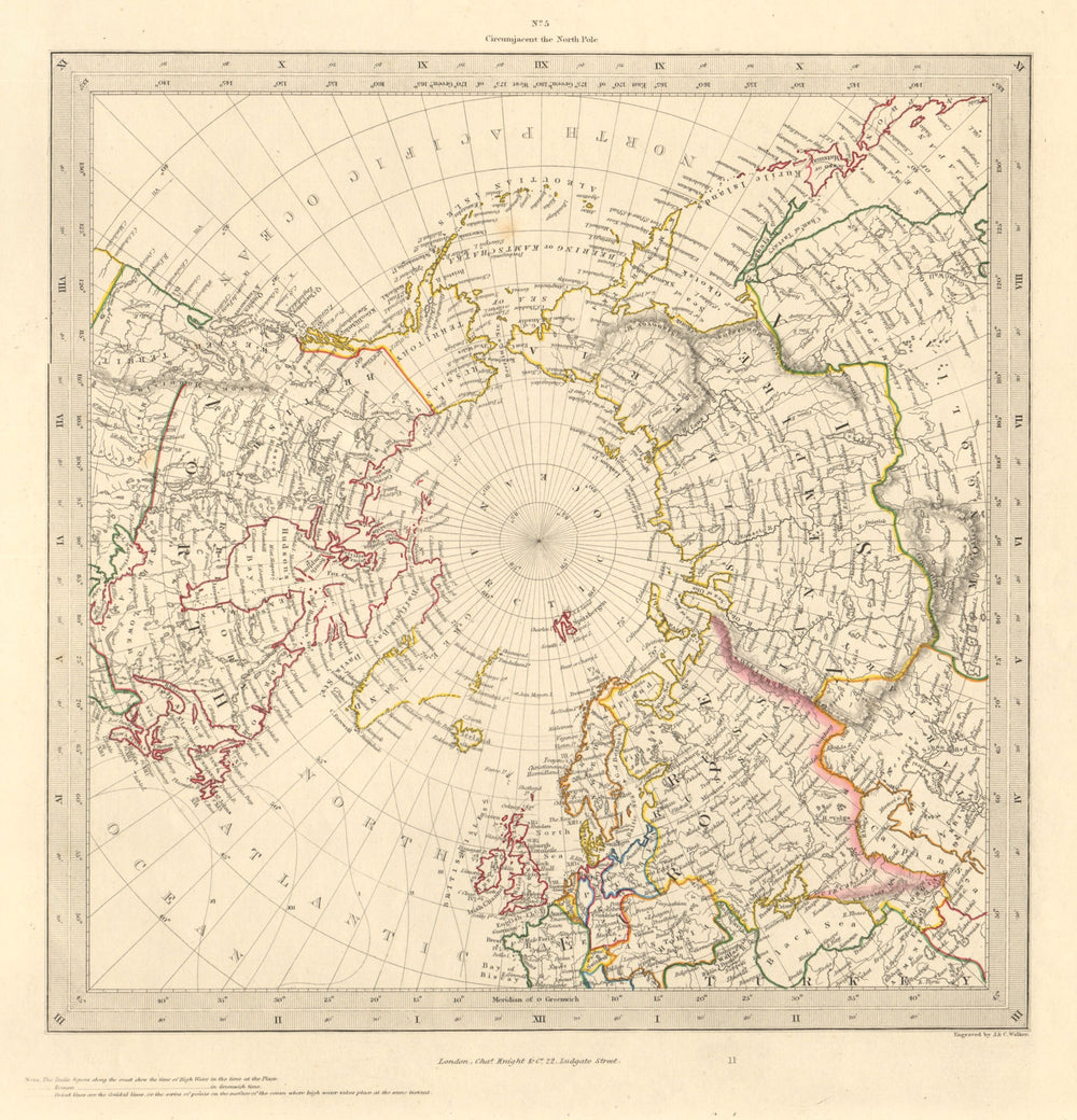 NORTH POLE ARCTIC. to 45˚ N Latitude. Alaska as Russian Territory. SDUK 1846 map