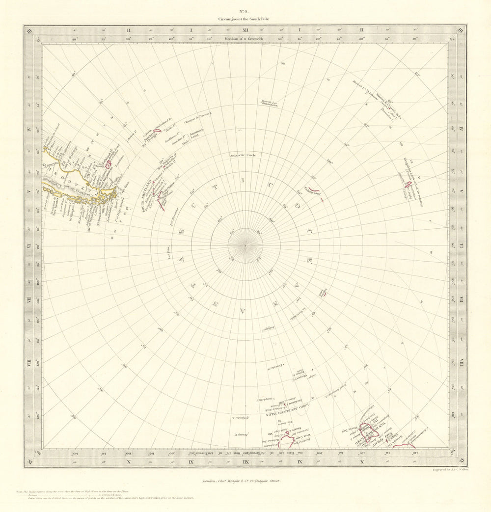 SOUTH POLE ANTARCTIC. Gnomonic Projection. To 45˚ S Latitude. SDUK 1846 map