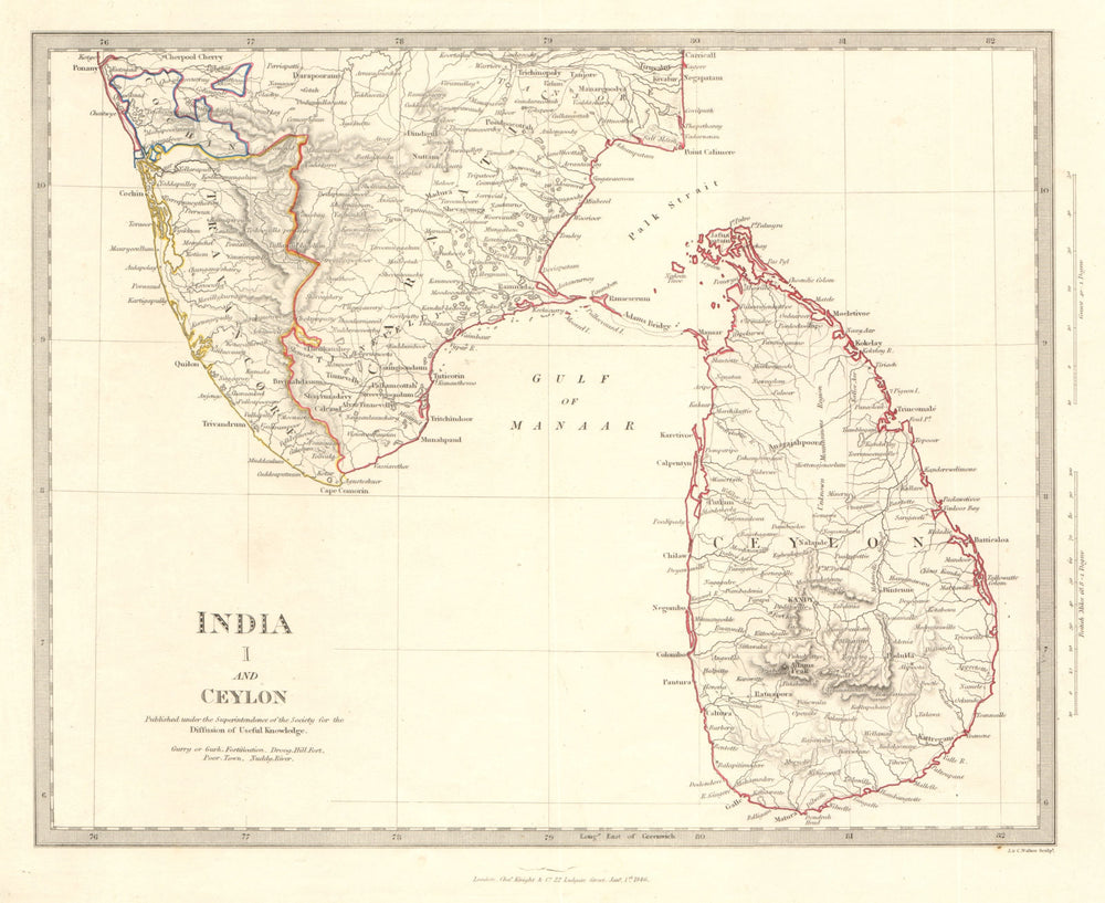 INDIA I. SOUTH & CEYLON. Sri Lanka Carnatic Travancore Kochi. SDUK 1846 map