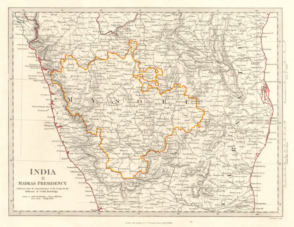 INDIA II. South. Madras Presidency Mysore Chennai Canara Carnatic. SDUK 1846 map