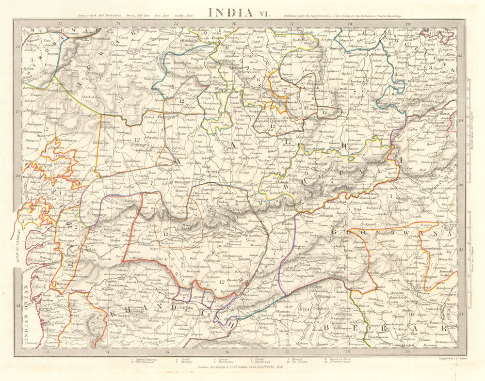 INDIA VI. Bundelkhand-Khandeish Berar. Gujerat. Goondwana Bhopal. SDUK 1846 map