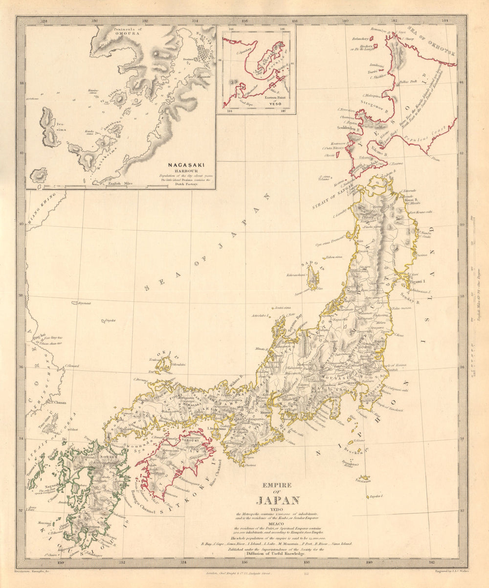 EMPIRE OF JAPAN. Inset Nagasaki Harbour; Yeso. Niphon Nippon. SDUK 1846 map