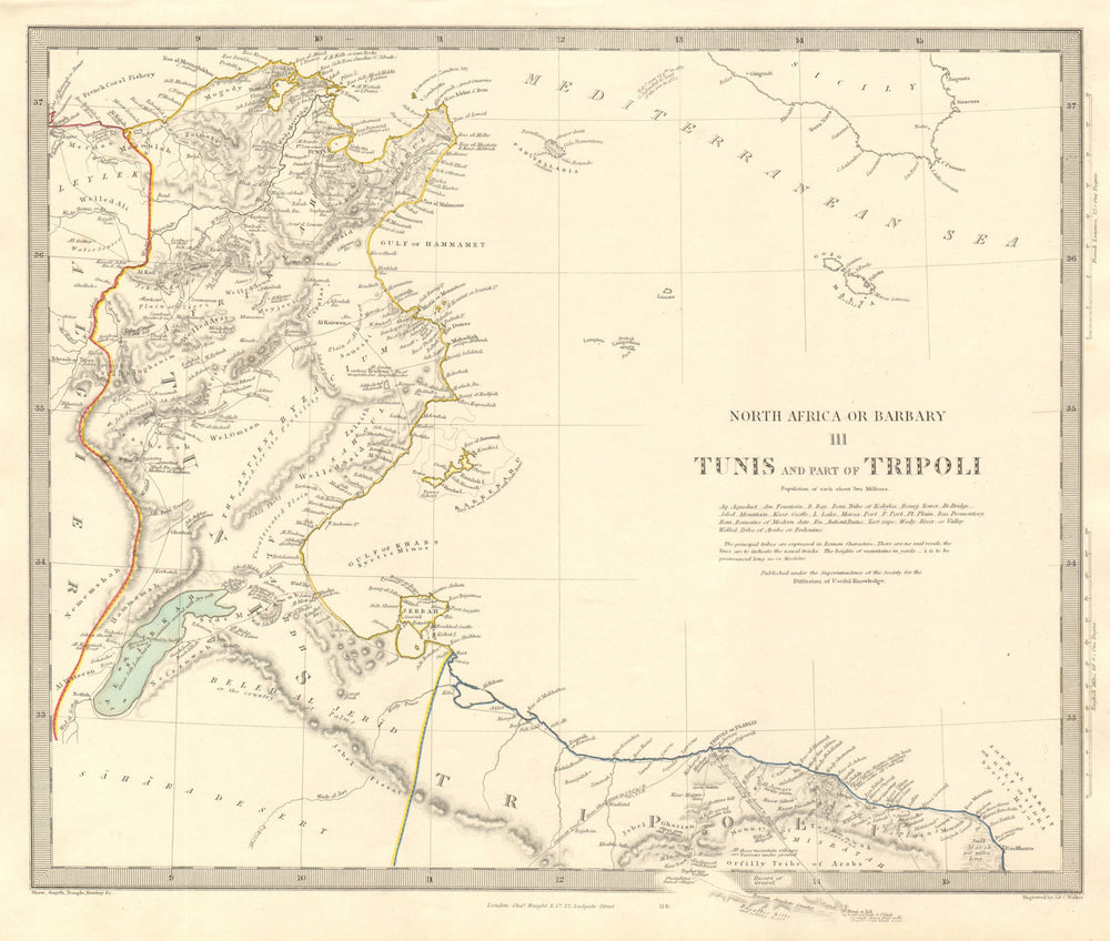 NORTH AFRICA OR BARBARY III. Tunis & Part of Tripoli Tunisia Libya SDUK 1846 map