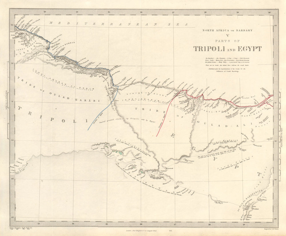 NORTH AFRICA OF BABRBARY V Parts of Tripoli & Egypt. Libya Tribes. SDUK 1846 map
