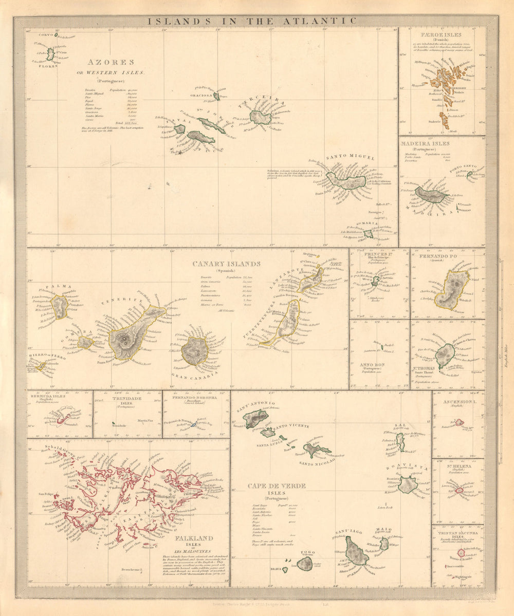ATLANTIC ISLANDS. Azores Faeroes Madeira Canary Bermuda Falklands. SDUK 1846 map