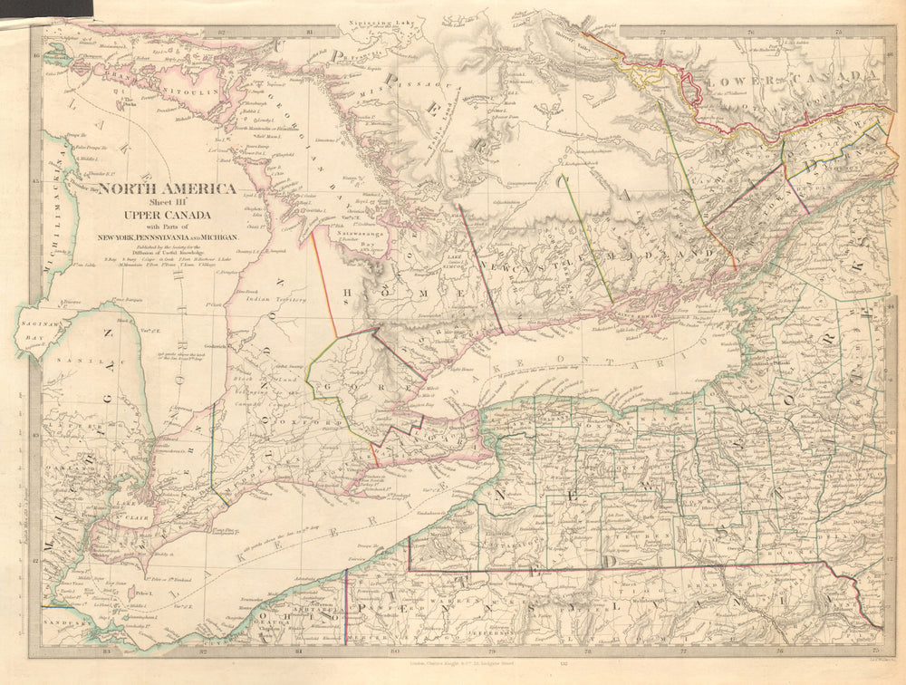 GREAT LAKES. Upper Canada districts <1849 Lake Huron Erie Ontario. SDUK 1846 map