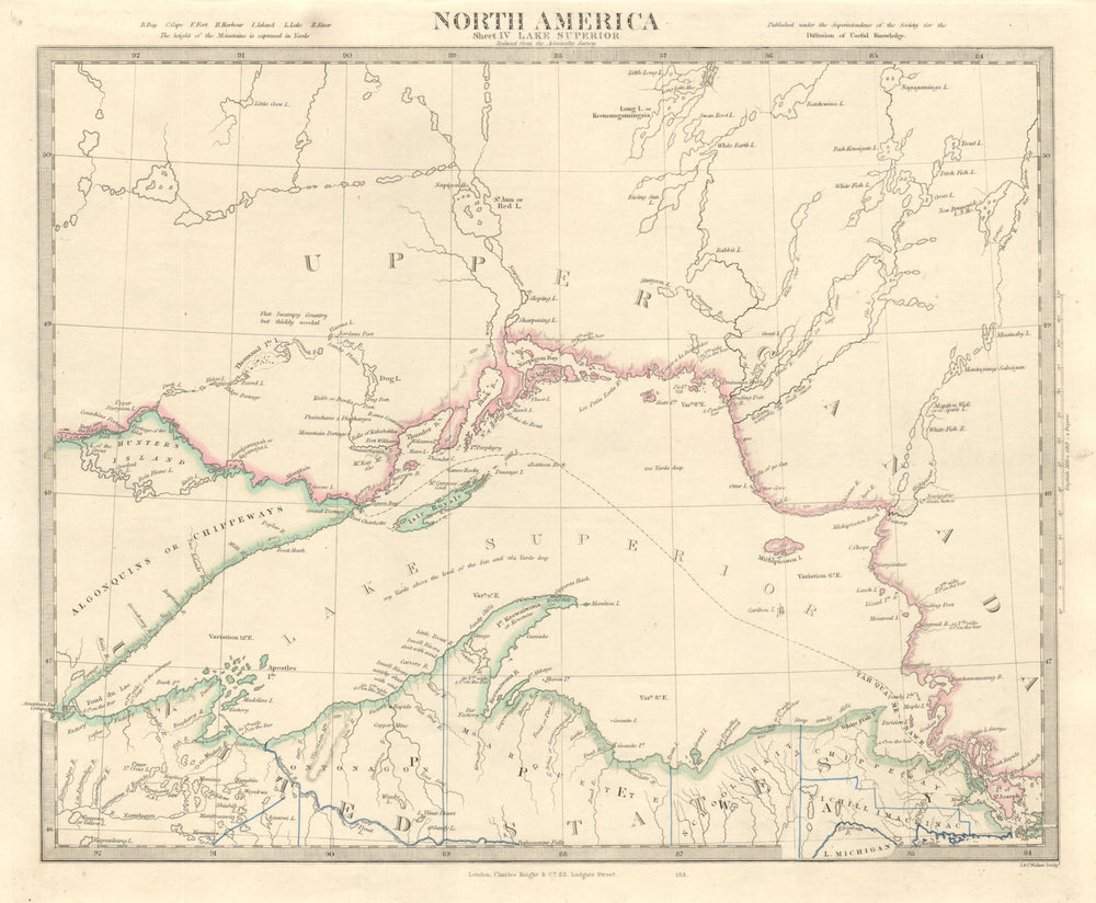 LAKE SUPERIOR. Canada USA Ontario Michigan. Fur trading posts. SDUK 1846 map