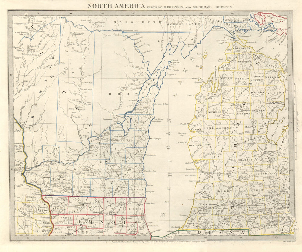 LAKE MICHIGAN. Wisconsin. Michigan excludes Upper Peninsula. SDUK 1846 old map