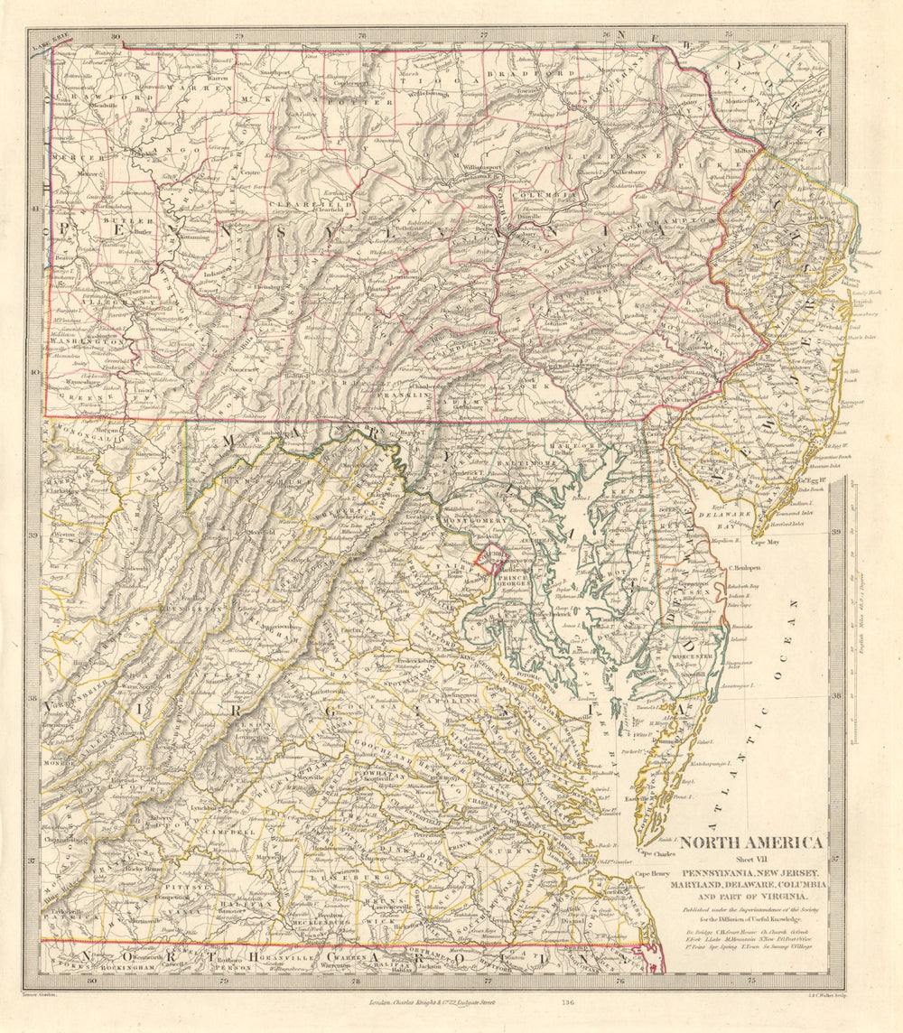 USA. Pennsylvania New Jersey Maryland Delaware DC Virginia. SDUK 1846 old map