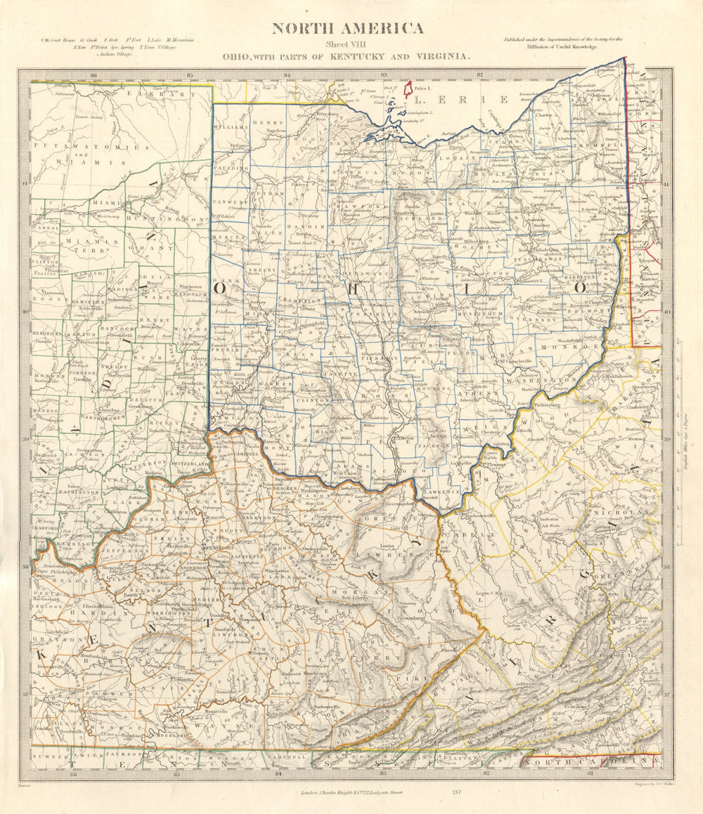USA. Ohio with parts of Kentucky, Virginia & Indiana. Counties. SDUK 1846 map