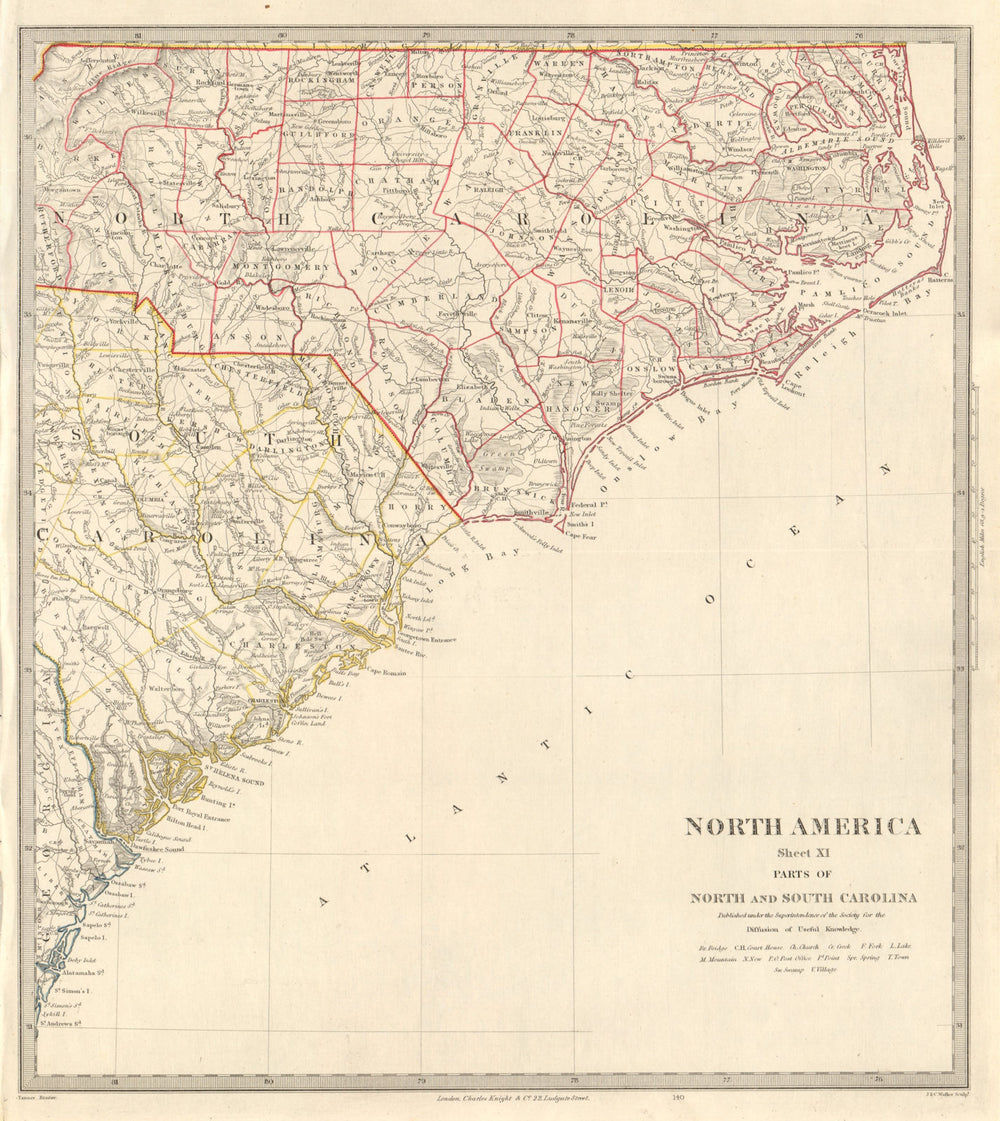 USA. Coastal North & South Carolina. Charleston. Cape Hatteras. SDUK 1846 map