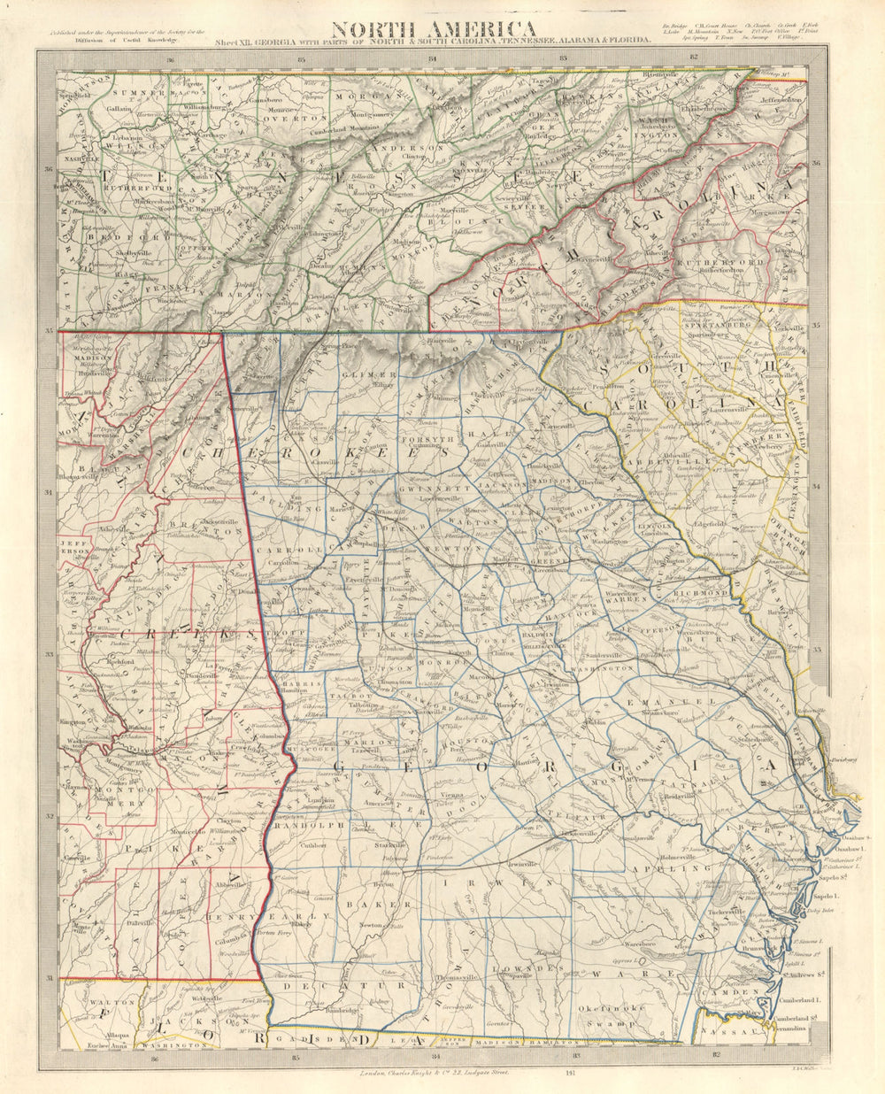USA. Alabama Georgia Tennessee. Appalachian Mountains. SDUK 1846 old map