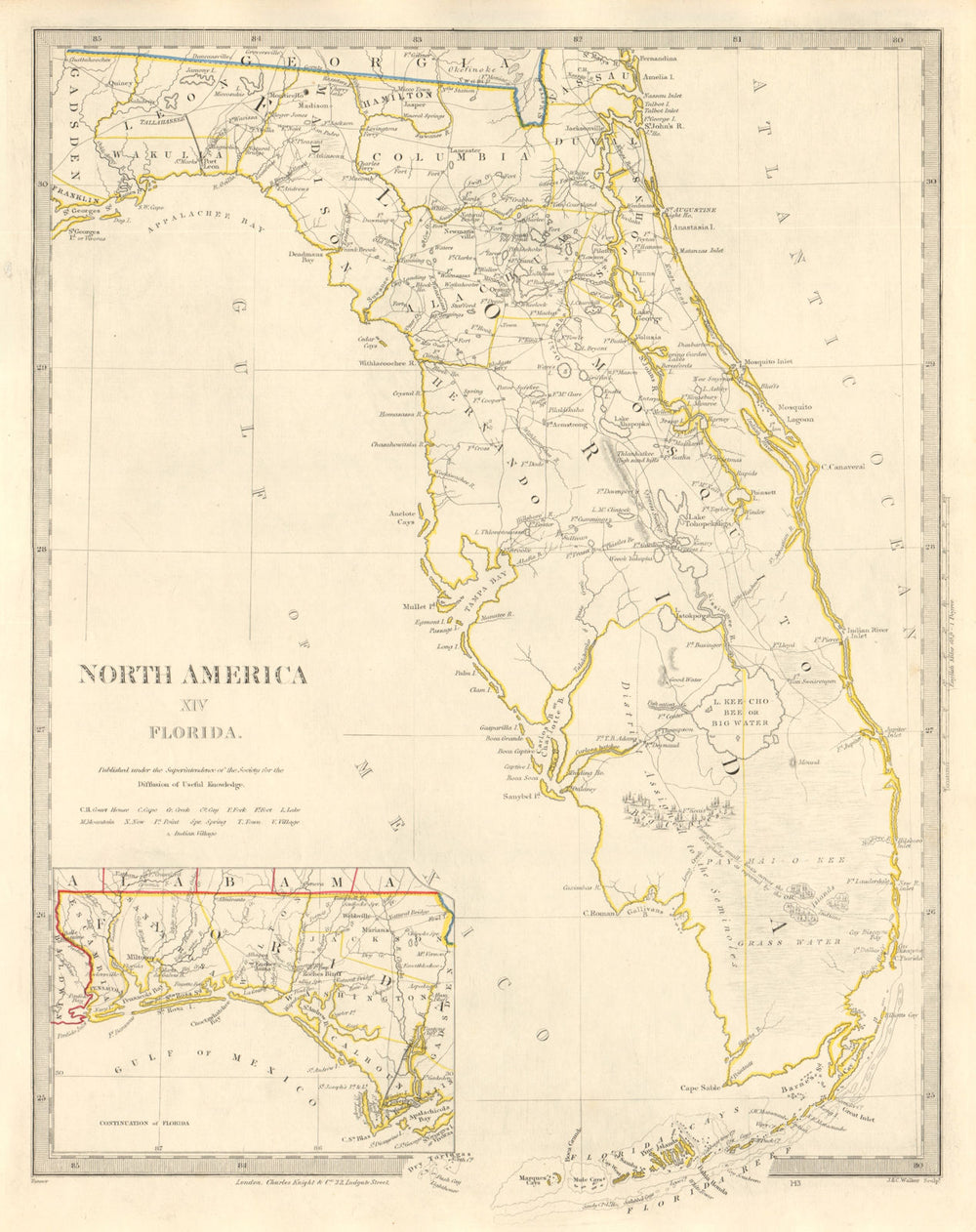 FLORIDA showing Seminole Indian district & forts. Keys. SDUK 1846 old map