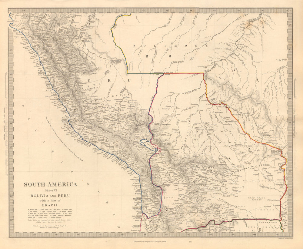 BOLIVIA & PERU with a part of Brazil. Bolivia Litoral / sea coast. SDUK 1846 map