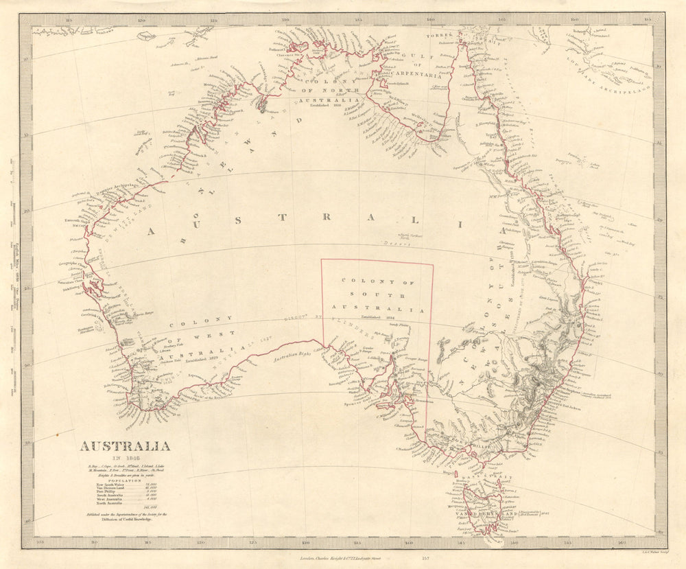 AUSTRALIA IN 1846. Shows dates colonies established. Population. SDUK 1846 map