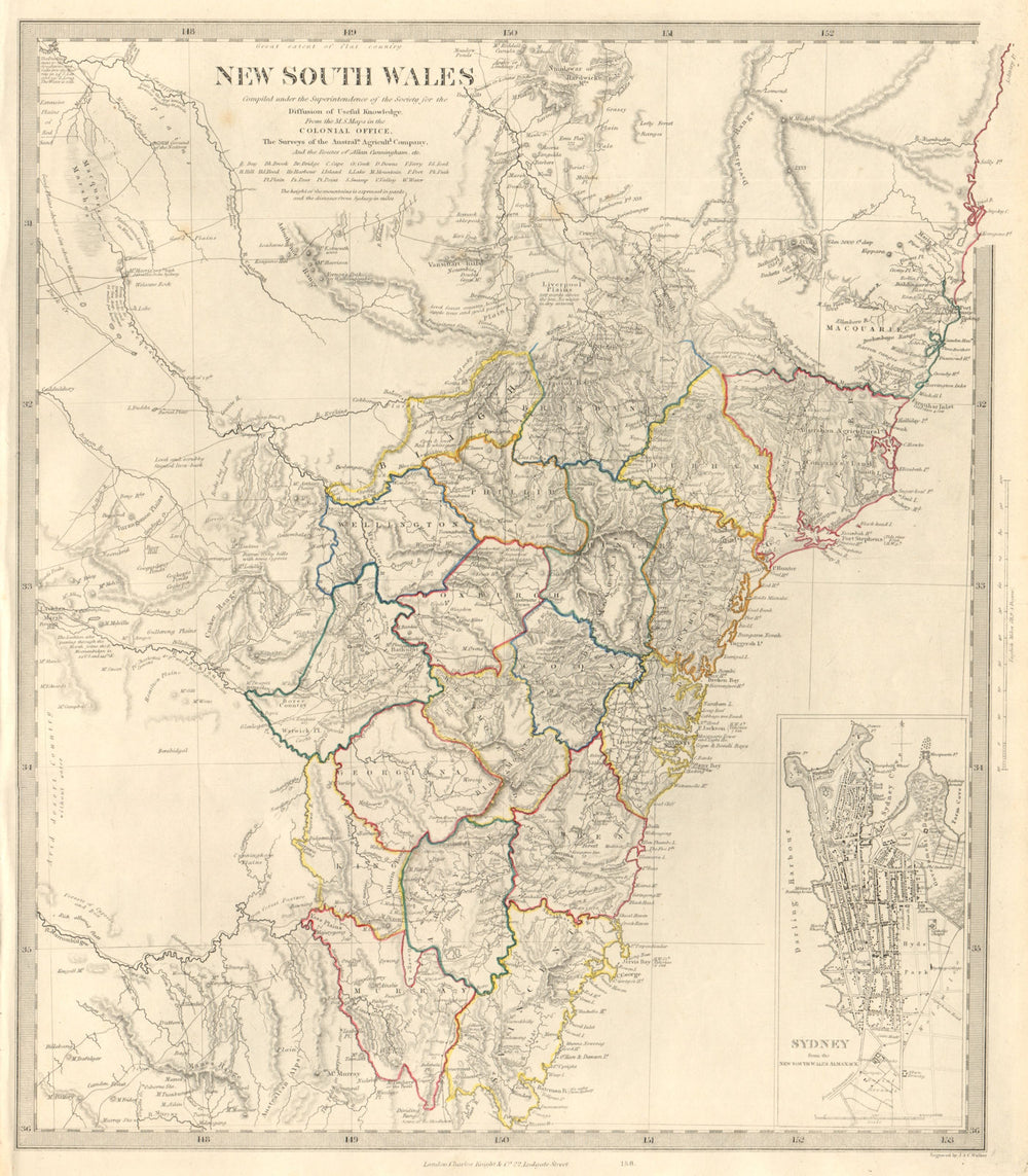 NEW SOUTH WALES based on Cunningham routes. SYDNEY city plan. SDUK 1846 map