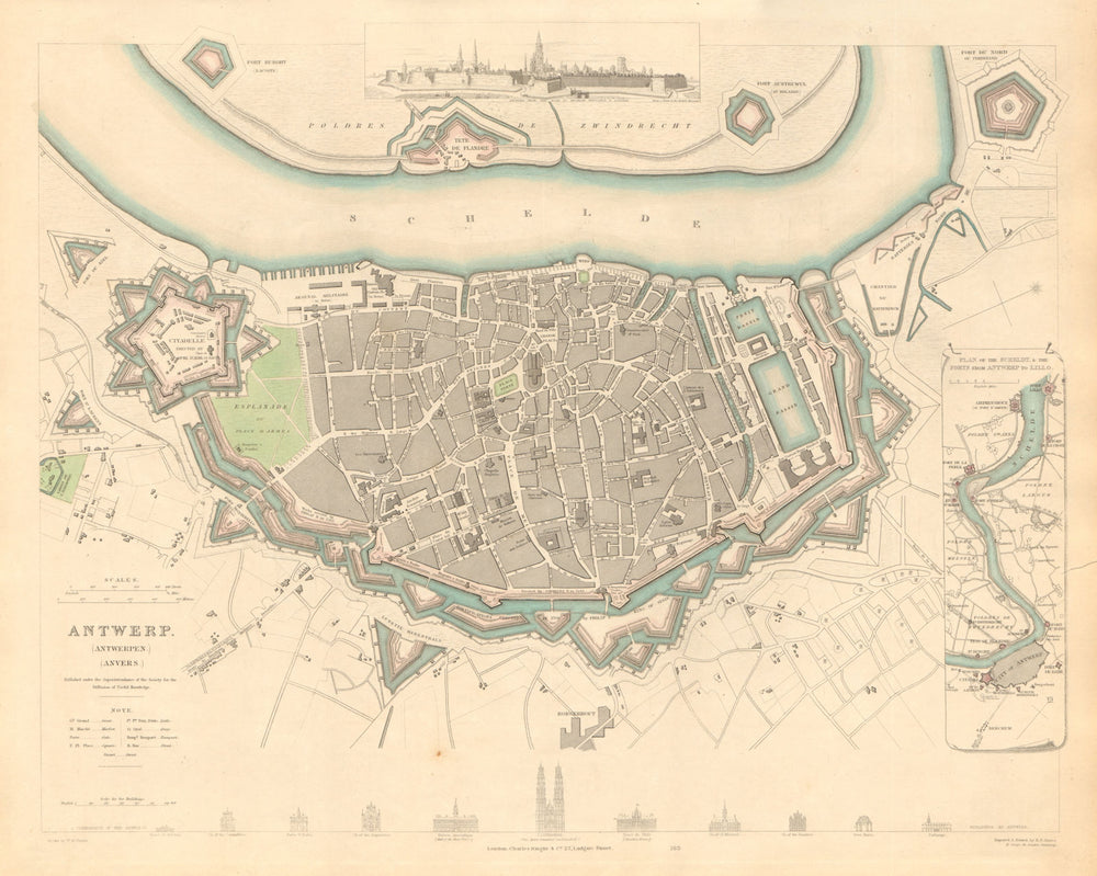 ANTWERP ANTWERPEN ANVERS. Town city map. Schelde forts Lillo. SDUK 1847