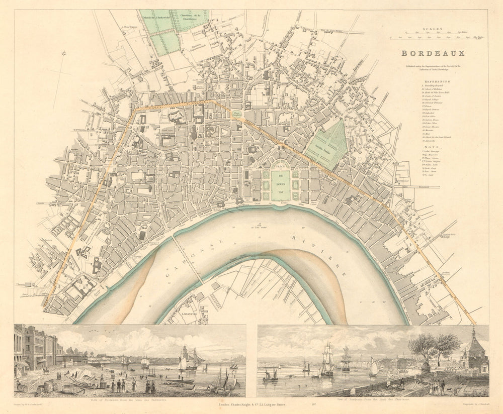 BORDEAUX. Antique town city map plan. Inset Quai Salinieres Chartrons. SDUK 1847