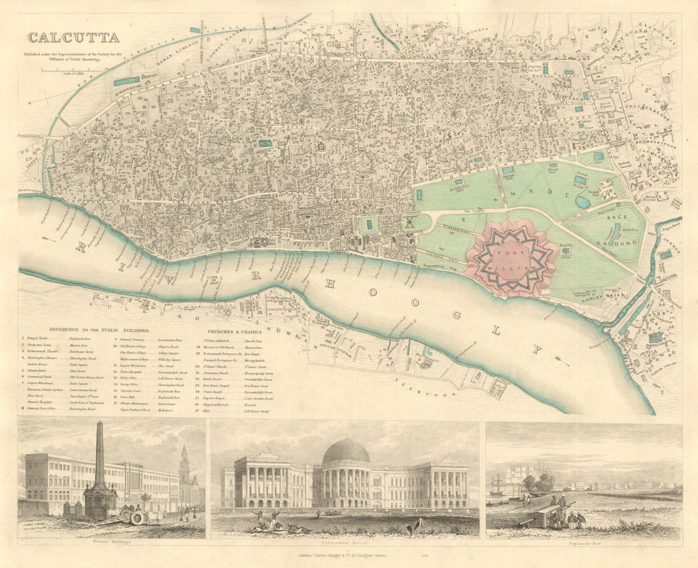 CALCUTTA KOLKATA antique town city map plan. Govt House Esplanade Row. SDUK 1847