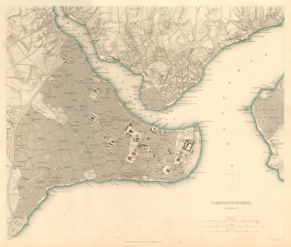 CONSTANTINOPLE ISTANBUL. Antique town city map plan. Stambool Galata. SDUK 1847