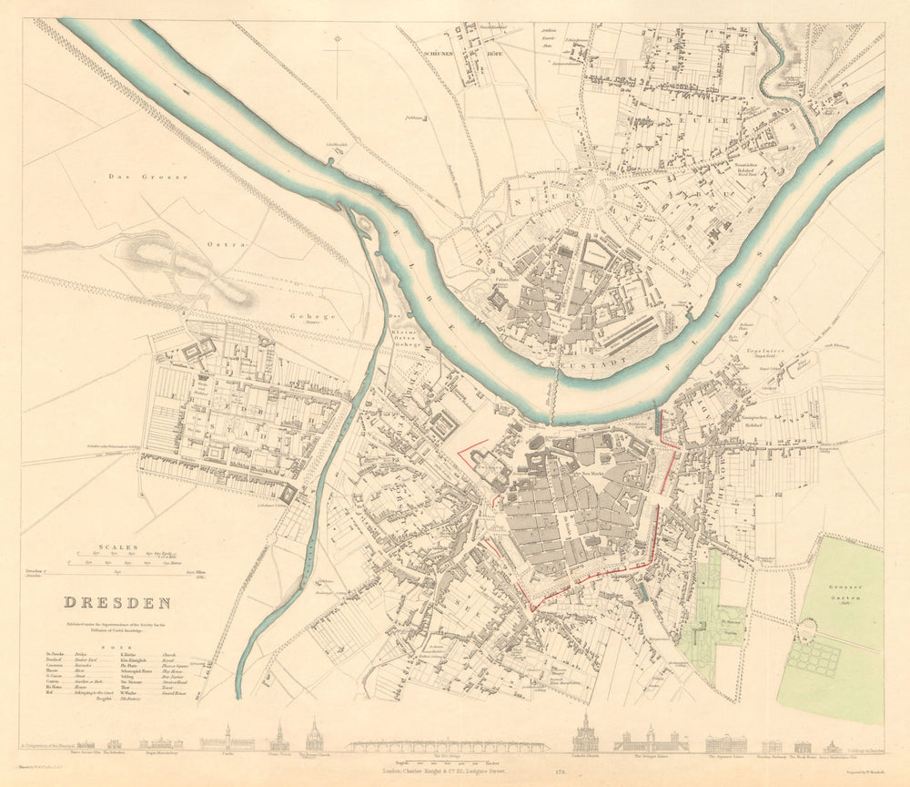 DRESDEN. Antique town city map plan. Key buildings profiles. SDUK 1847 old