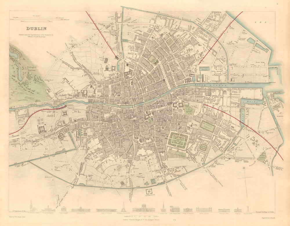 DUBLIN. Antique town city map plan. Key buildings profiles. SDUK 1847 old