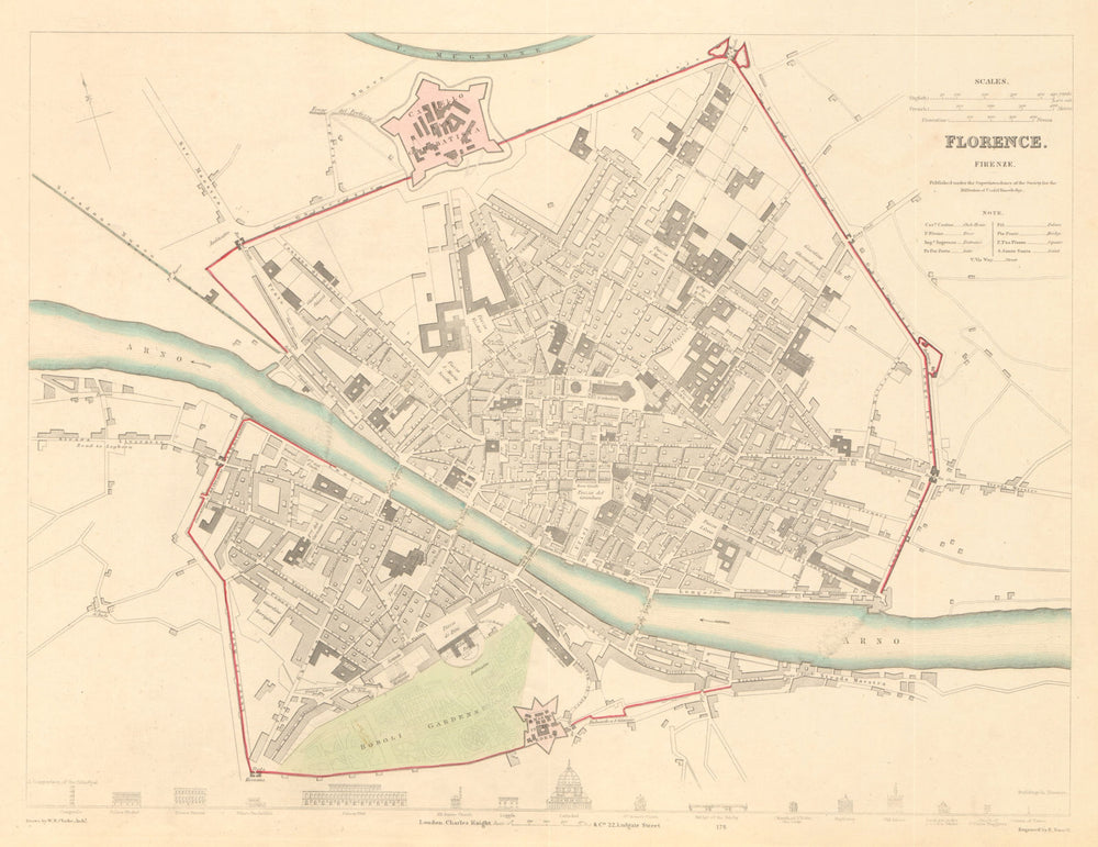 FLORENCE FIRENZE. Antique town city map plan. Key buildings profiles. SDUK 1847