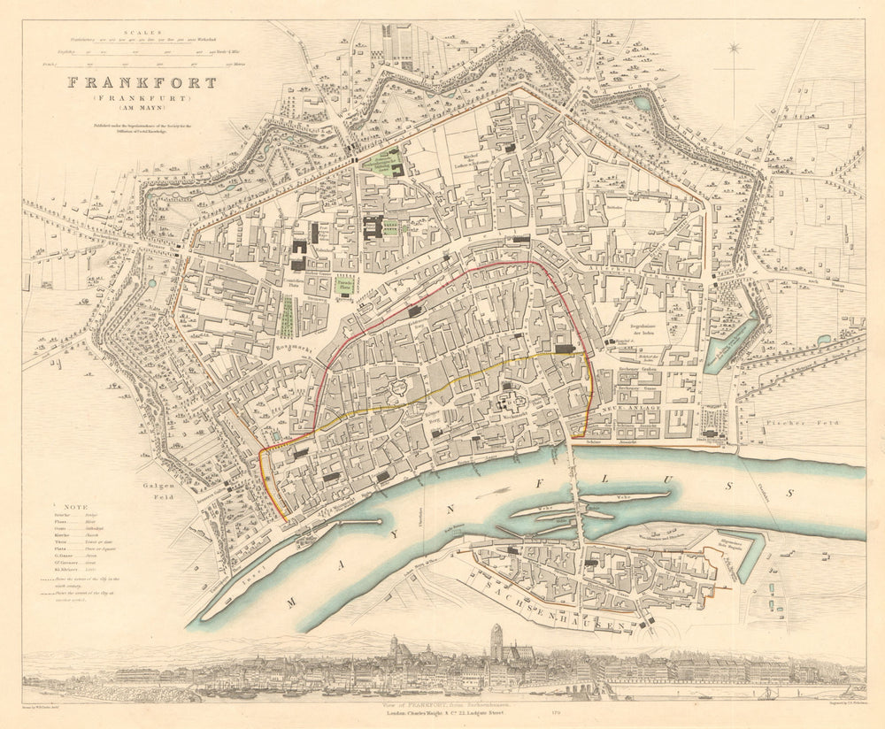 FRANKFURT AM MAIN. Antique town city map plan. Panorama. am Mayn. SDUK 1847