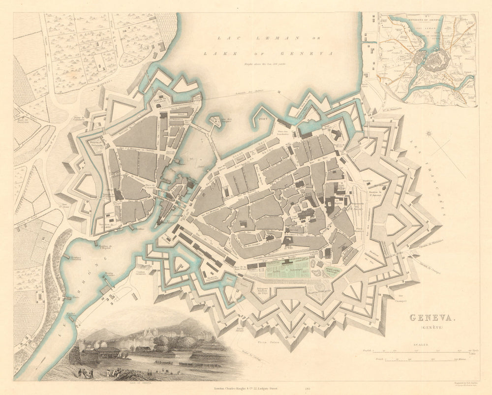 GENEVA GENÈVE GENF. Antique town city map plan. Inset environs of. SDUK 1847