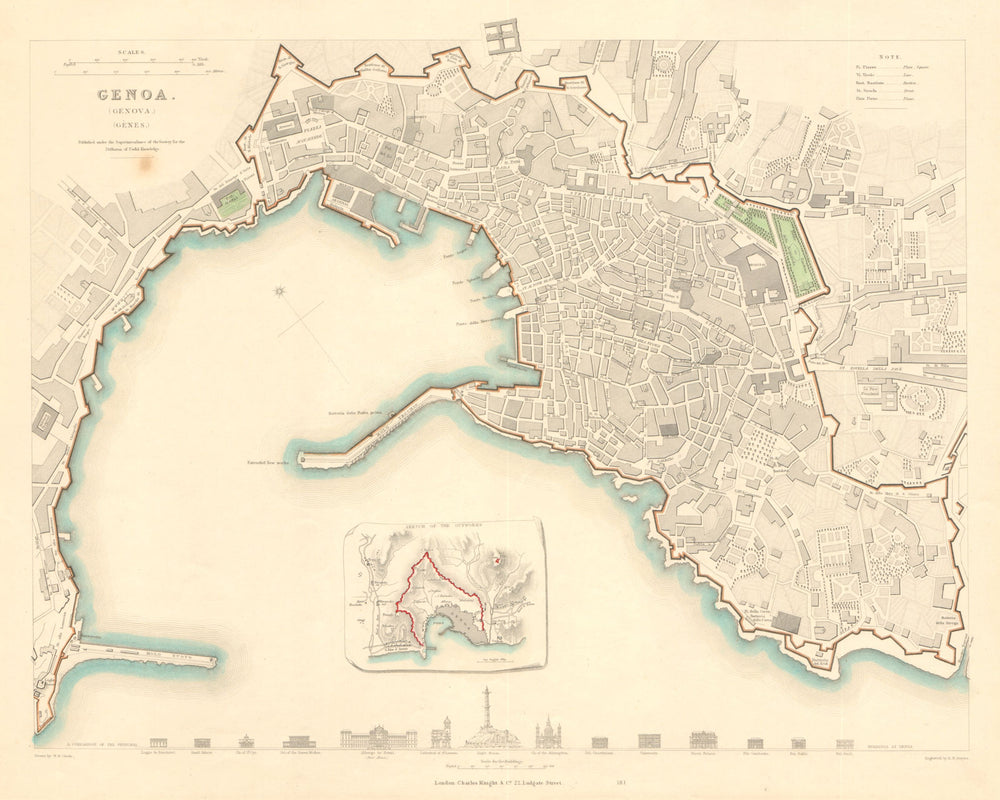 GENOVA GENOA GÊNES GÈNES. Antique town city map plan. Inset outworks. SDUK 1847