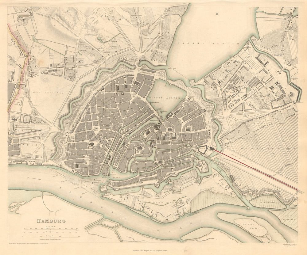 HAMBURG. Antique town city map plan. SDUK 1847 old chart