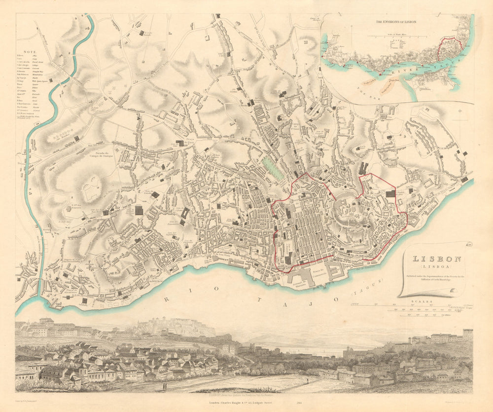 LISBON LISBOA. Antique town city map plan. Inset environs. Panorama. SDUK 1847